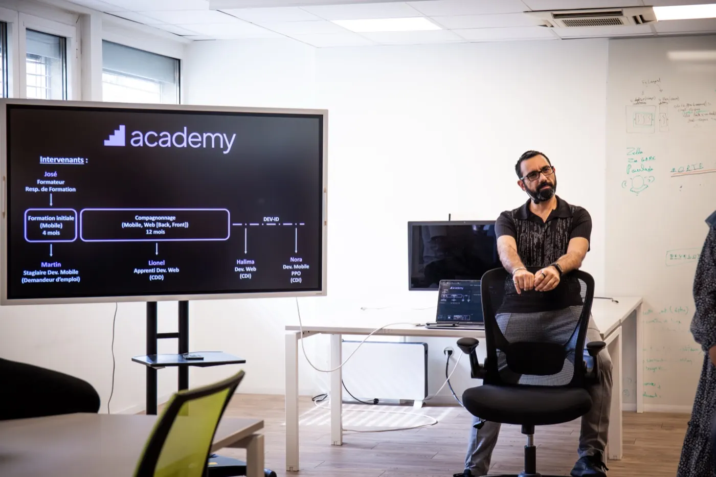 A trainer presents the Academy pathway on screen: initial training, then on-the-job companionship