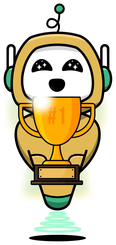 Cody, la mascotte de Codenquest, brandit un trophée de première place