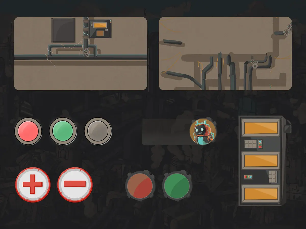 Composants de l'interface de Bug Factory : boutons, tuyaux et illustration de robot