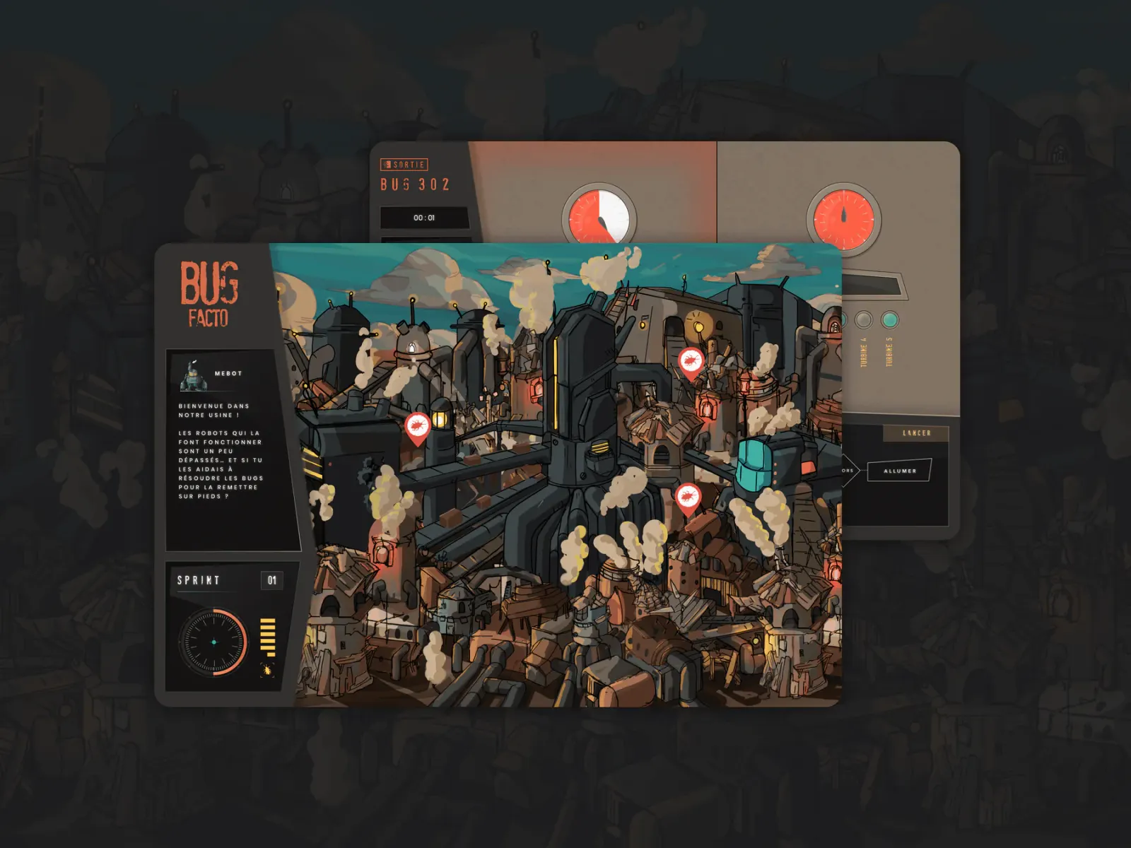 Interface de Bug Factory montrant une usine robotique avec des points à réparer et des bugs