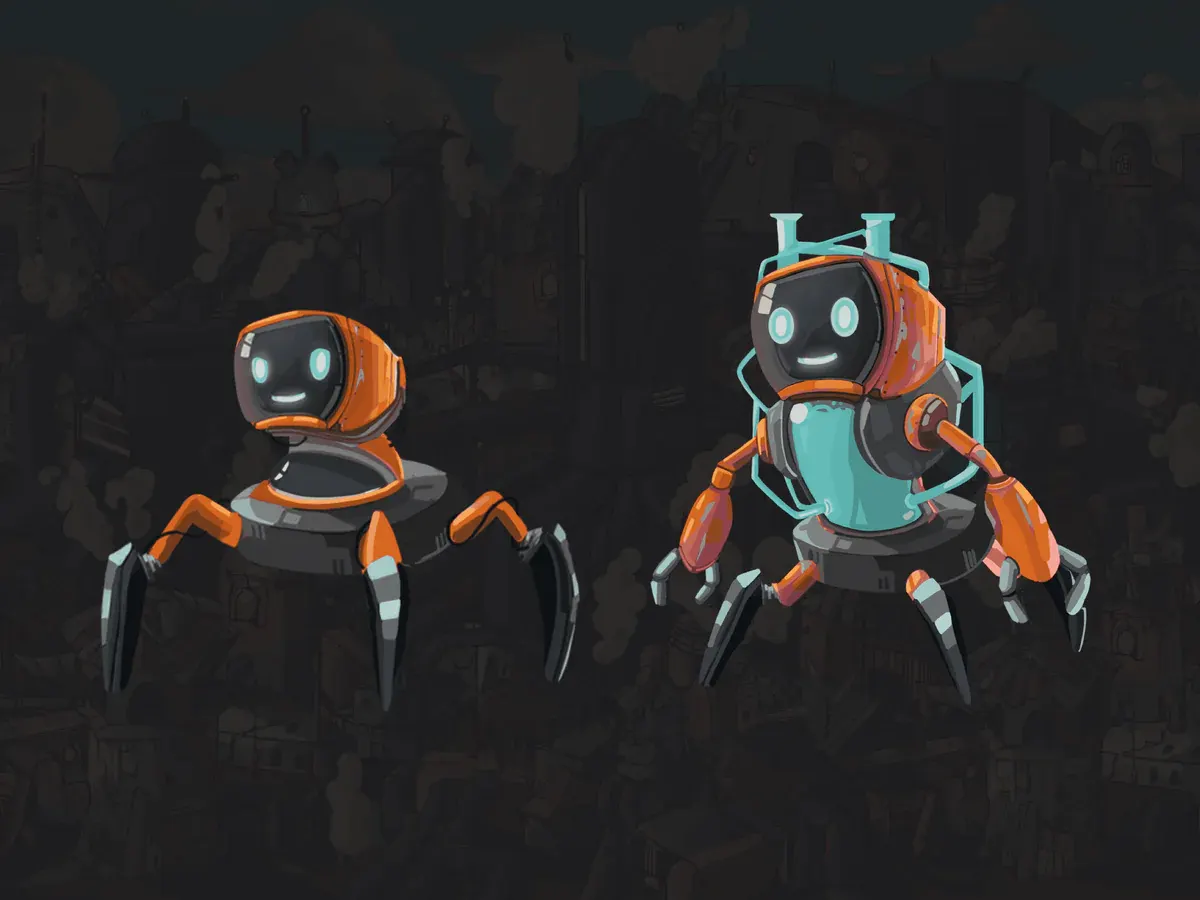 Illustration des deux robots compagnons de Bug Factory, orange et gris, dans un décor industriel
