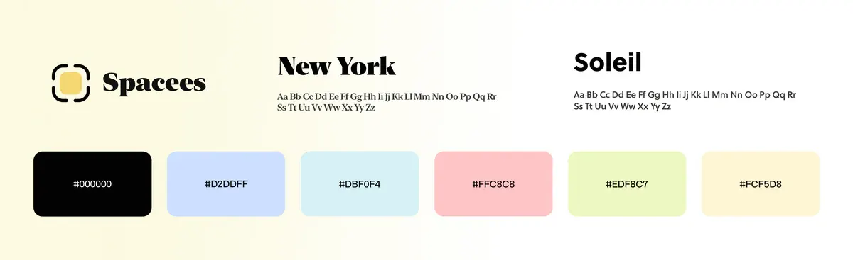 Spacees visual identity elements: colour palette and typography