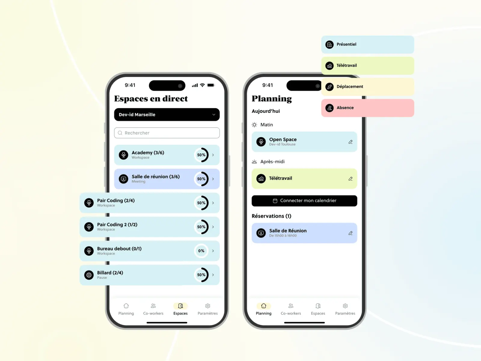 Spacees mobile interfaces showing workspace management and booking schedule
