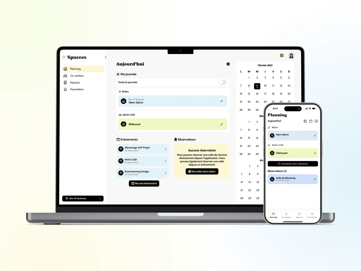 Spacees responsive interface on laptop and smartphone showing the schedule